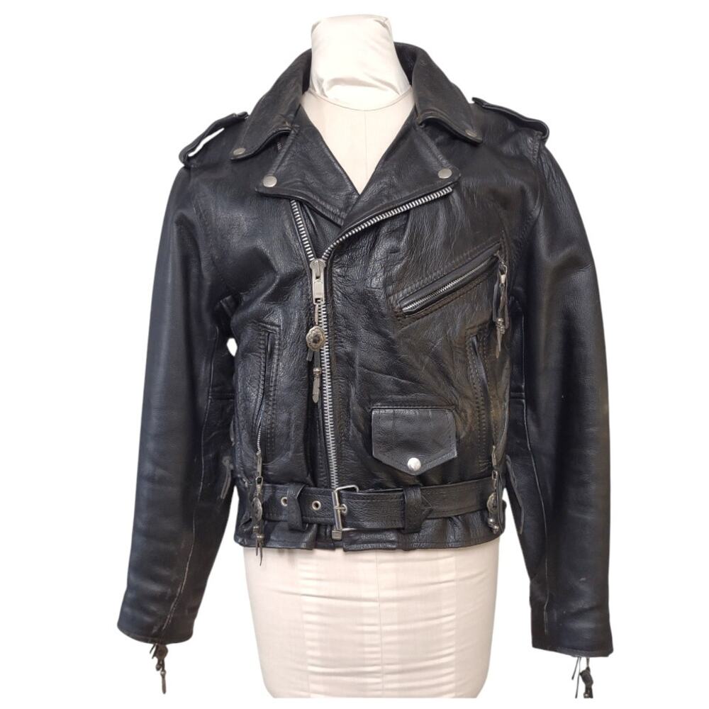 USA BIKERS Vintage Black Leather Moto Bomber Jacket Size 40 Removable Vest